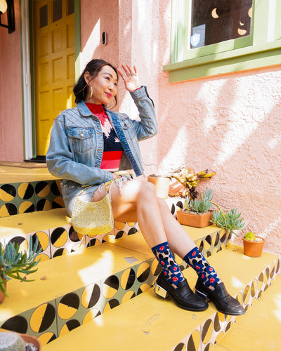 Sock Candy Bold Blue floral sheer sock blue floral socks and loafers